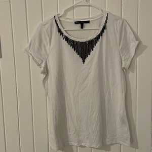Short sleeve white cotton T-shirt with black sequins embellishments at neckline